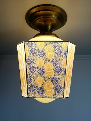 Antique 1920s Vintage Art Deco Glass Ceiling Light Shade With Floral Print