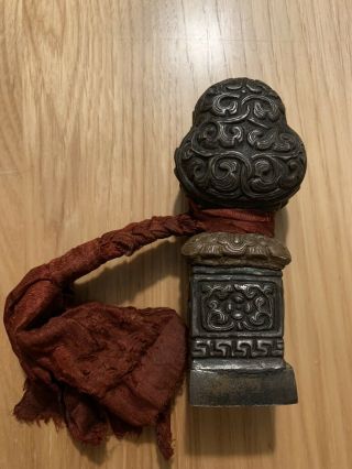 Antique Chinese Tibetan Silver Seal With Silk Wrap