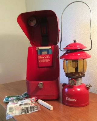 Rare Red Coleman 200a Lantern With Metal Clam Shell Case,  Accessory Shelf 1963