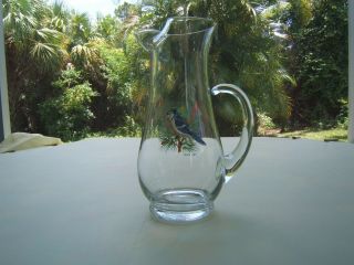 Vintage Glass Lipped Pitcher Blue Jay Cardinal Birds (1021)