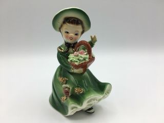 Vintage Japan Girl In Green Dress & Hat W/ Basket Of Flowers Figurine