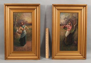 Pair 19thc Antique John Mccolvin Portrait Oil Paintings,  Farm Maiden Women Nr