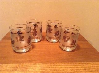 4 Vintage Retro Libbey Frosted Panel Silver Leaf Cordial Shot Glasses