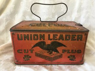 Antique Union Leader Cut Plug Tobacco Red Tin Lunch Pail Size With Handle