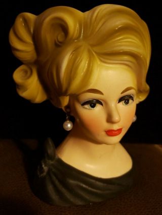 Vintage Napcoware Lady Head Vase Pearl Earrings Green Dress Blue Eyes 4” C7313