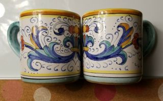 Vtg Gialletti G.  P.  Deruta Pottery Dec.  - A - Mano Set Of 2 Mugs