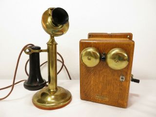 Antique Western Electric Candlestick Telephone & Oak Ringer Box Desk Stand Phone