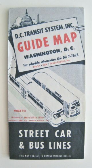 Vintage 1958 Washington Dc Transit System Guide Map Bus Trolley Streetcar Lines