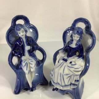 Vintage Blue & White Victorian Figurines Man And Woman Sitting In Chair