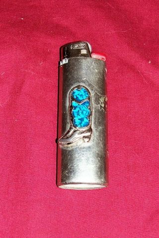 Turquoise Cowboy Boot Bic Cigarette Lighter Case Holder Silver Look Western Old