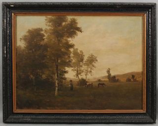 19thC Antique Signed Bucolic Country Cow Landscape O/C Oil Painting NR 2