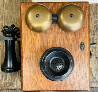 Antique Vintage Wall Telephone Rotary Dial Wooden Case Hand Crank