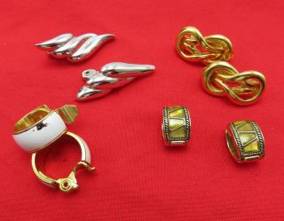 4 Pair Vintage Monet Clip On Earrings Gold Silver Hoops White Enamel 430k