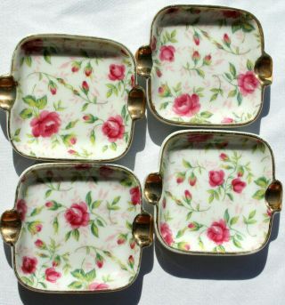 Ashtrays Set Of 4 Individual Floral Pink Roses W/gold Porcelain Mid - Century D25