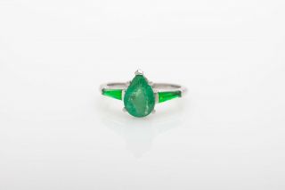 Antique 1940s $5000 4ct Pear Cut Colombian Emerald Platinum Wedding Ring