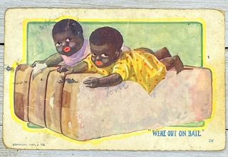 Vintage 1907 Comic Postcard Were Out On Bail