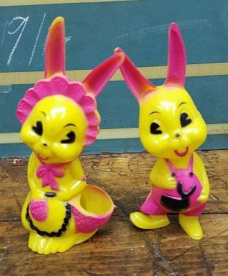 2 Vtg Knickerbocker Easter Hard Plastic Momma Bunny Rabbit Boy