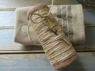 Vintage Wood Spool With Jute Twine And Decorative Embroidery Sewing Scissors