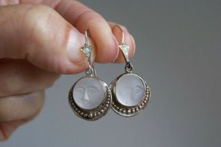 Rare Fine Antique Edwardian Silver Man In The Moon Moonstone Carved Earrings