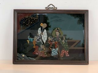 Antique Qing Chinese Export Reverse Glass Trade Painting Of Woman W/ Children