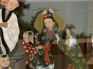 Antique Qing Chinese Export Reverse Glass Trade Painting of Woman w/ Children 3