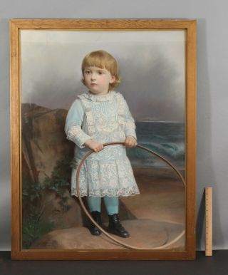 Antique Napoleon Sarony Pastel Portrait Drawing,  Victorian Young Boy W/ Hoop Toy