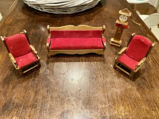 Vintage Doll House Furniture Sofa With 2 Arm Chairs And Clock