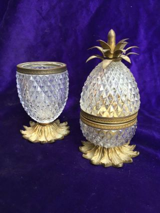 Antique Lighter Cut Glass And Gilt Brass Pineapple Lighter French With Ashtray