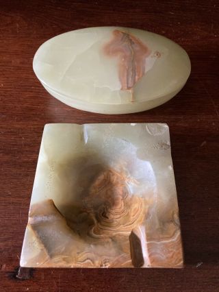 Vtg Green Brown Onyx Marble Stone Alabaster Ashtray & Soap Dish Mid Century