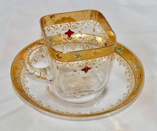 Antique Moser Tea Cup/saucer 14k Gold Gilt Enameled Square C.  1885 Beauty
