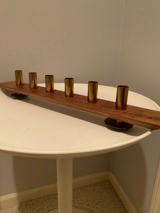 Vtg Mid Century Modern Wood Brass Candelabra 6 Candle Holder