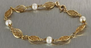 Vintage Antique Ladies Estate Filigree 14k 585 Yellow Gold Pearl Bracelet