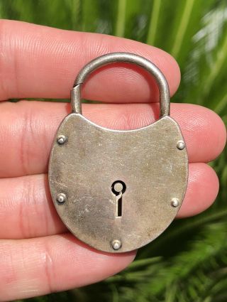 Huge 2 " Rare Antique Sterling Silver Puffy Heart Padlock Lock Charm Pendant