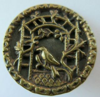 Exceptional Antique Vtg Victorian Metal Picture Button Bird Under Trellis (g)