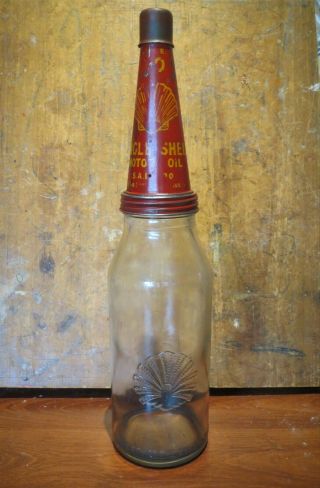 Vintage Shell Embossed 1 Imperial Quart Oil Bottle Old Antique Tin Pourer,  Cap