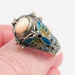 Vtg Sterling Chinese Filigree Ring W/ Pink Angel Skin Coral & Enamel Butterfly