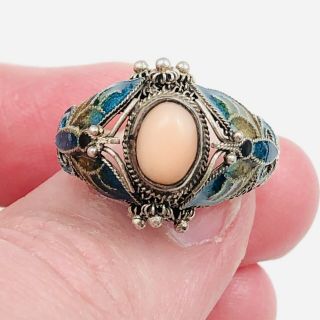 Vtg Sterling Chinese Filigree Ring W/ Pink Angel Skin Coral & Enamel Butterfly 2