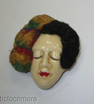Vintage Elzac California Fashion Victim Painted Ceramic Lady Face Brooch Pin