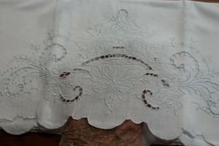 Vintage Cotton Pillowcases Lovely Embroidered Flowers 20x34 Blue W Cut Work