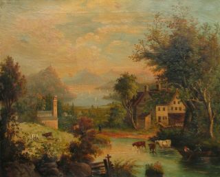 19th Century Old Antique Hudson River Landscape W/ Cows Oil Painting