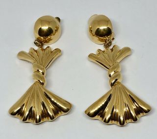 Vintage Nina Ricci Gold Tone Metal Dangle Bow Earrings