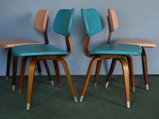 4 Thonet Dining Chairs Mid Century Modern Rare Turquoise Blue Pink Bentwood Set