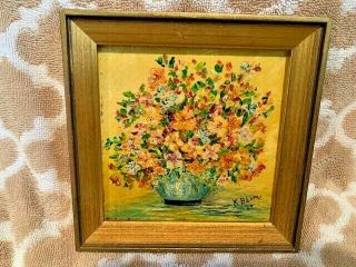 Estate Vintage Miniature Framed Flower Floral Painting Mid - Century