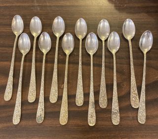 Set Of 12 Stieff Sterling Silver Repousse / Rose Ice Tea Spoons No Monogram 461g
