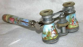 Antique Figural Hand - Painted Enamel Guilloche Opera Glasses W/removable Handle