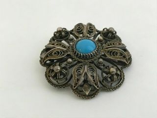Antique Vintage Sterling Silver 925 Turquoise Brooch Pin