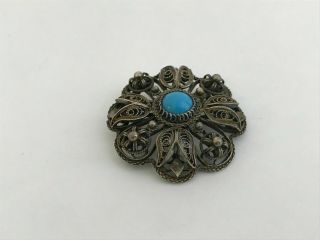 Antique Vintage Sterling Silver 925 Turquoise Brooch Pin 2