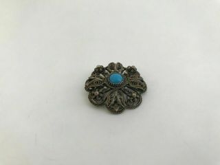 Antique Vintage Sterling Silver 925 Turquoise Brooch Pin 3