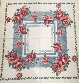 Vintage Pink Red Roses Floral Tablecloth 40s 1950s Cotton Linen Square 45.  5 " X49 "
