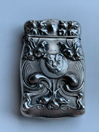Sterling Silver Match Safe Art Nouveau Bulldog Push Button Mechanical C.  1900